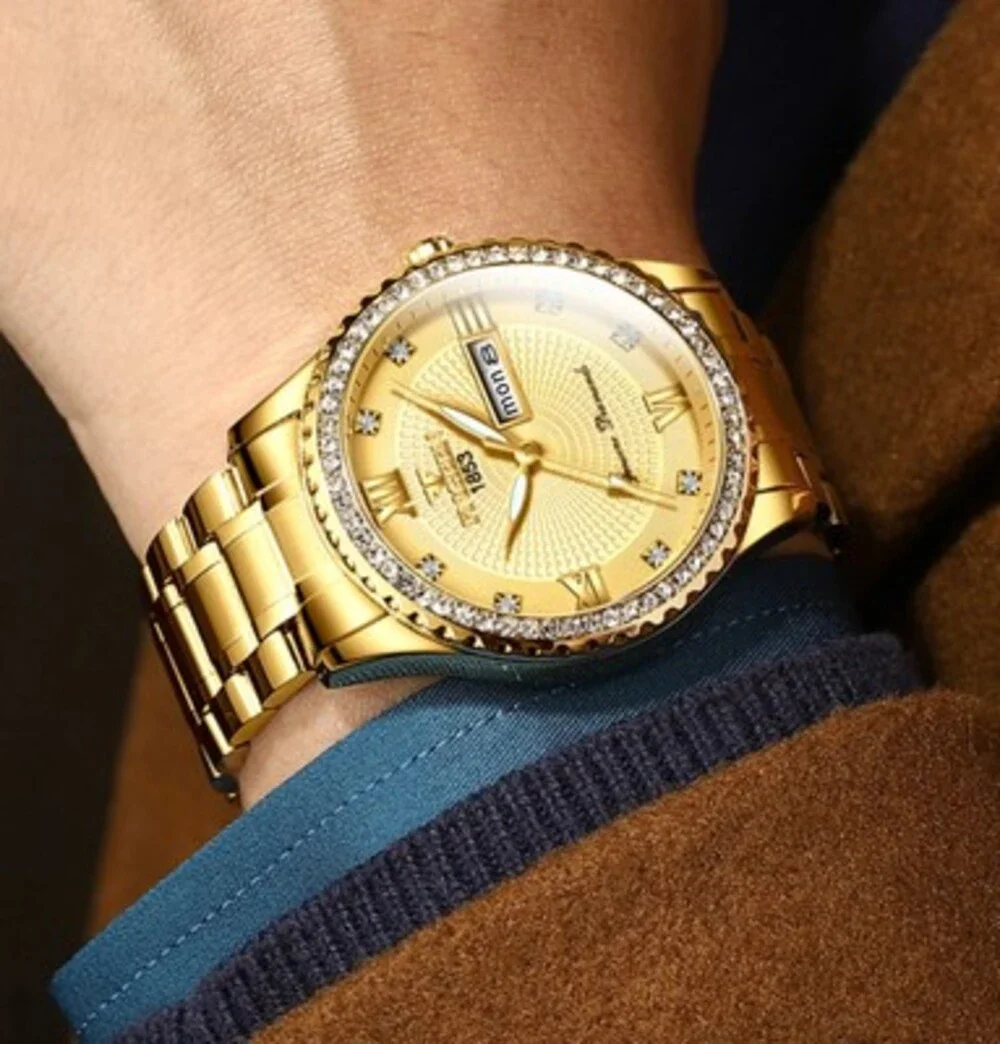Waterproof Gold Men'S Watch Classic Stainless Steel Quartz Analog Business Gift
